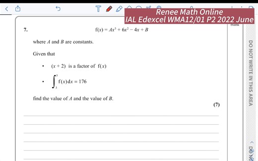 WMA1201, IAL, (Edexcel), P2, June 2022, Q7, Integration, A-Level数学纯数2