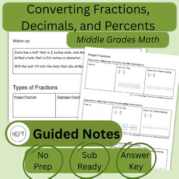 Converting Fractions Decimals and Percents | 6 - 8 grade | Guided Notes