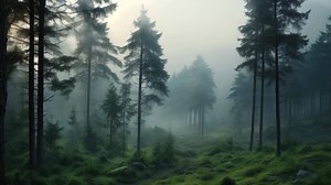 Download AI generated A breathtaking view of a foggy forest filled with countless trees, A mysterious forest in the misty dawn, AI Generated for free