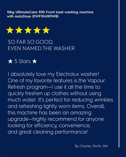 Meet the washing machine that’s so good, you might just name it! The 10kg Electrolux UltimateCare 900 with AutoDose (EWF1041R9WB) takes the guesswork out of laundry, delivering efficiency, convenience, and superior cleaning performance every time. Elevate your laundry game with effortless care. Head to our website to discover more about our new range of UltimateCare washing machines. #ElectroluxANZ #SwedishThinkingBetterLiving #HomeLove #LaundryDesign | Electrolux