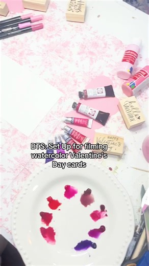 Here’s the set up for filming some easy watercolor Valentine’s Day card ideas! Follow to see how they turn out! #artstudio #watercolor #valentinesday #card #diyvalentines