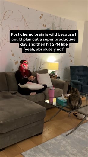 Jenny Maenpaa on Instagram: "Post-chemo brain really said ✨ambition until 1:59pm✨ and then clocked out without notice. If your brain also files a formal complaint around 2PM, you’re not alone. Comment FAVES for my list of products that made chemo (and the aftermath) slightly less terrible 🫠💜 #Chemotherapy #postchemo #chemobrain #cancersucks #cancerhumor"