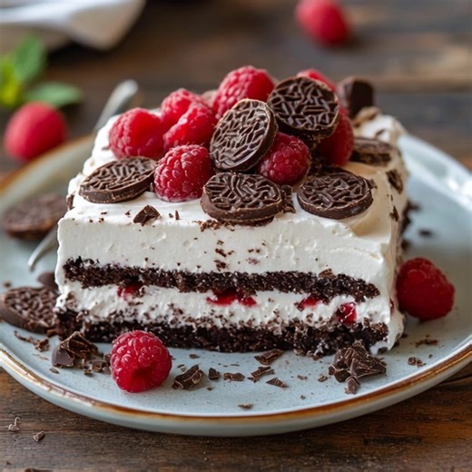 Chocolate Raspberry Wafer Icebox Cake "After a long day, I opened the fridge and discovered this beauty waiting for me. With each creamy, chocolatey layer, it felt like a sweet hug — the perfect way to end my evening!" This Chocolate Raspberry Wafer Icebox Cake is a delightful fusion of rich chocolate and tart raspberries that will make any occasion special. Ingredients 2 cups heavy whipping cream 1 cup semi-sweet chocolate chips 1 cup fresh raspberries 1 box (9 oz) chocolate wafer cookies Reaci