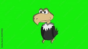 2d animated character of A crow with a big head and beak sitting on a height looking up and forward looking for food and prey.