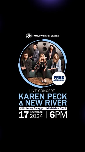 If you love Gospel music from Karen Peck and New River , including favorites like "The River," "Pray Now," "I Am Blessed," "Four Days Late," "I Choose Christ," "The God I Serve," "Made Right," "Messiah Overcame," and "We Shall Wear a Robe and Crown," then get ready for a FREE LIVE CONCERT at Family Worship Center Church on Sunday, November 17, at 6 PM. They will be joining the Jimmy Swaggart Ministries Band for an unforgettable evening of worship and music. Plus, they will also minister in song 