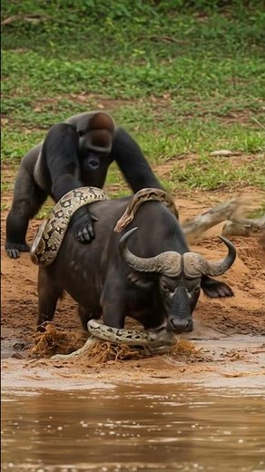 Gorilla Rescue Buffalo on Python #life #nature