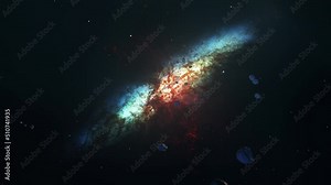 Space flight outer space exploration travel to The Small Magnificent starburst galaxy messier 82 Cloud. 4K 3D loop space exploration to he Small Magnificent starburst galaxy M82