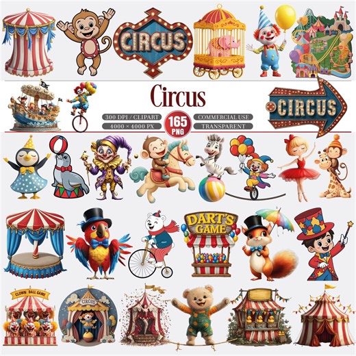 Circus Clipart Bundle Carnival Characters Animals 165 PNG - Etsy