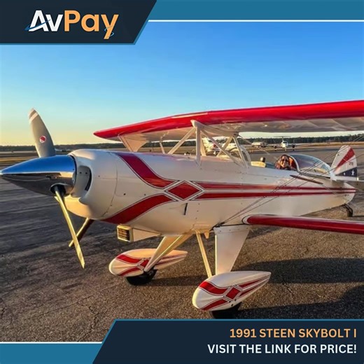 New Aircraft ✈ By AirSpace Auctions 1991 Steen Skybolt I This 1991 Skybolt I biplane is a true pilot’s airplane, built for exciting aerobatics & smooth flying. You can enjoy the thrill of open-air flying or enclose the cockpit for comfort. With easy-to-use instruments, avionics & a useful load of 539 pounds, this aircraft is ready for adventure. Find All The Information At: https://avpay.aero/company/airspace-auctions/product/1991-steen-skybolt-i-for-auction-in-florida-usa-n91gw/ | AvPay.aero
