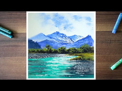 Draw a peaceful mountain landscape - oil pastel drawing tutorial