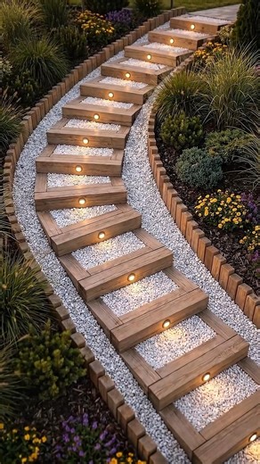 Creative Garden Stair Path with LED Lights | Backyard Upgrade #gardendesign#gardenstairs#landscaping