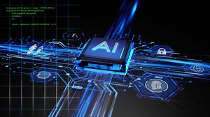 A futuristic AI chip embedded in an advanced circuit board with glowing data pathways, driving cutting-edge machine learning and deep learning.