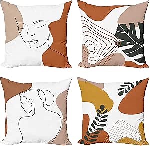 Ambesonne Minimal Throw Pillow Cushion Case Pack of 4, Modern Line Art Woman Portrait with Contemporary Leafy Geometric Details, Modern Accent Double-Sided Digital Printing, 24", Rust Tan and Mustard