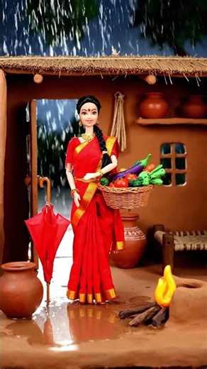 Miniature Doll Cooking Pakora in Rainy Day | Cozy Village Kitchen Toy Style part 4 #shorts