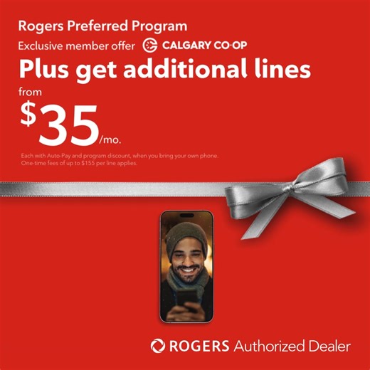 Calgary Co-op Members get 5G mobile plans starting as low as $40/mo! Plus get additional lines from $35/mo. When you bring your own phone. Visit rppoffer.ca/calgarycoop-kiosk, or call our dedicated team at 1-866-462-4468. | Rogers Preferred Program