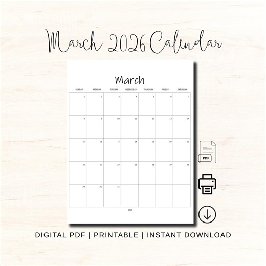March 2026 Calendar Printable Editable March 2026 Calendar PDF March 2026 Digital Calendar March 2026 Planner Printable Download - Etsy