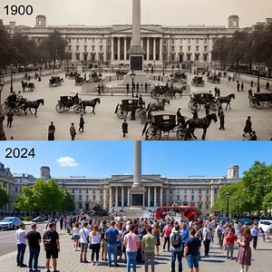 Trafalgar Square, one of London's most famous public spaces, was laid out in the 1830s and 1840s to commemorate Admiral Lord Nelson's victory at the Battle of Trafalgar in 1805. Nelson's Column, erected between 1840 and 1843, dominates the square, flanked by its iconic lion sculptures and fountains. Over the decades, it has served as a site for public celebrations, political demonstrations, and a major tourist attraction. Despite the constant flow of urban life, the square remarkably retains its