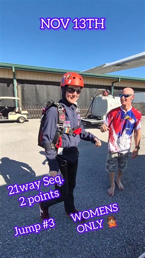 NOV 13th 🌸 **WOMEN’S WORLD RECORD — JUMP 3 IN THE SKY!** 🌸 **21-WAY SEQUENTIAL — 2 POINTS IN PROGRESS!** Our amazing **women’s CRW team** is climbing to altitude *right now* for their second attempt at the **21-way, 2-point sequential** world record, third jump of their day. On their previous jump, they missed it by only **two grips** — *two tiny grips!* They are **so close** to making history for the second time today. 🔥 **Let’s go ladies — you got this!** 🔥 Fly smart, fly strong, fly toget