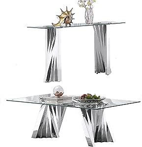HomVent Living Room Table Set of 2, Glass Coffee Table with Console Tables, Modern Coffee Table Set with Stainless Steel Legs for Home Office (Clear&Silver, Set of 2 Livingroom Table Set)