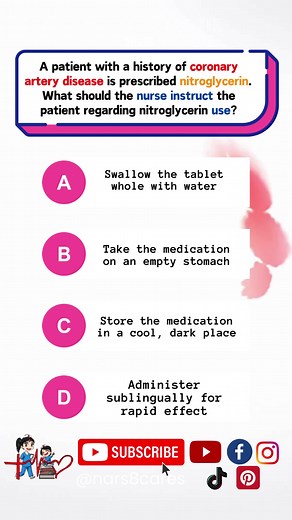 A patient with a history of coronary artery disease is prescribed nitroglycerin. What should the nurse instruct the patient regarding nitroglycerin use? . . . #nurses #doctors #nursing #medical #nurseexam #NCLEX #nclexreview #nclexrn #registerednurse #medicaldoctor #medicine #nclexprep #nursingstudent #medicalstudent #RN #rn #fbreels #fypシ゚ @highlight @followers @everyone | Nursing Reference Cards