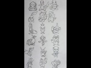 Drawing the Starter Pokémon of all 6 Generations (Speed Drawing)