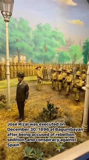 The Execution of Jose Rizal Manila, 1896 After his trial, Rizal was exiled to Dapitan, Mindanao (1892–1896), where he taught the locals, practiced medicine, and pursued scientific studies. He was later arrested and brought back to Manila for trial. Accused of rebellion, sedition, and conspiracy, Rizal was executed on 30 December 1896 at Bagumbayan—now known as Luneta or Rizal Park. #museum #fypシ #fypシ゚viralシ #ayalamuseum #fypviralシ #museums #philippines | Museum x Stories