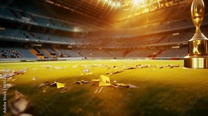 Dynamic Soccer Ball Animation: Football Magic on Field with Trophies and Stadium
