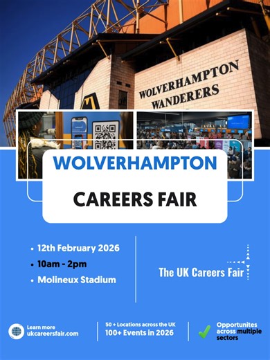 The Wolverhampton Careers Fair will take place on 12th February 2026, bringing employers and professionals together for face-to-face recruitment and career conversations. Whether you’re an employer planning upcoming hiring or a professional exploring new opportunities, this event offers a practical way to connect in person. 10am – 2pm Full details at ukcareersfair.com