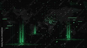 A futuristic technology background featuring a world map with glowing green beams of light emanating from specific locations, representing global connectivity and data transfer in the digital age. Kat