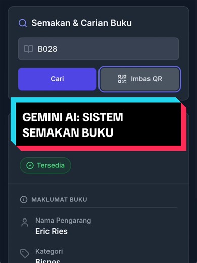 GEMINI AI : SEMAKAN CARIAN BUKU Ini antara contoh lain aku buat fungsi QR Scanner. Instead of key in masuk satu satu code, scan je terus keluar maklumat. Banyak duit beli la machine di luar sana, nak jimat sikit buat sendiri. 😂 #canvaai #guruai #geminiai #ruzprompt #googleaistudio
