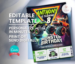 Monster Truck Birthday Invitation (phone Invite, Editable Template, 5x7 Printable Card, Instant Digital Download) - Etsy