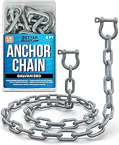 Galvanized Anchor Chain, Marine Grade, 3/16", 1/4", or 5/16" Chain with 2 Anchor Shackles, Link Ends, 4 or 5 Ft, for Boats