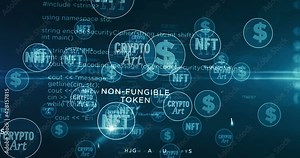 NFT Crypto Art technology, collectibles, blockchain transaction and non fungible token symbols 3d rendering abstract concept animation. Cyber icons loopable seamless futuristic digital background.