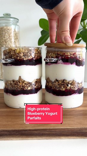 Healthy & High-protein Blueberry Yogurt Parfaits💜 These are a fun breakfast or snack idea😋 They are also great for meal prep! • For the parfaits you need: (lactose-free) low fat Greek yogurt blueberry chia jam (recipe below) granola (recipe below) crushed walnuts or your favorite nuts • Blueberry chia jam 1 cup frozen blueberries/bilberries (240 ml / 170 g) 1/4 cup water (60 ml) 2 tablespoons chia seeds 1 tablespoon maple syrup • 1. Add the berries into a small pot, heat over medium heat, unti