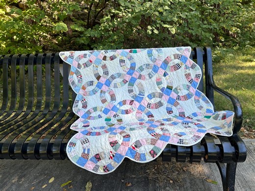 Vintage Double Wedding Ring Crib Quilt, Hand-quilted; Feed Sack Fabrics With Pink and Blue Quilt Blocks - Some Faint Stains, Frayed Areas - Etsy