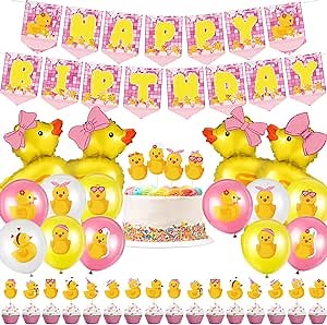 Leitee 57 Pcs Pink Duck Birthday Decorations Balloons Party Happy Birthday Banner Cake Topper Cupcake Toppers Rubber Duck Decor for Birthdays Party Supplies