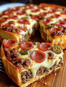 34K views · 166 reactions | Tarte Pizza Burger Profonde au Pepperoni et Jalapeño Une fusion gourmande entre un burger juteux et une pizza au fromage façon deep-dish. Portions : 8 parts | Température : 200°C | Temps : 45 min Ingrédients clés : 450 g de bœuf haché 25–30 tranches de pepperoni 300 g de mozzarella râpée 2 jalapeños frais (en rondelles) .......................  Recette complète en premier | Secrets de Cuisine | Facebook