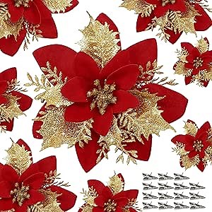 Childom 15 PCS Red Poinsettia Flower Artificial Poinsettias With Clips Christmas Decorations Glitter Poinsettia Christmas Ornaments Xmas Tree Flower Decor with Stems DIY Xmas Wreath Home Holiday Party