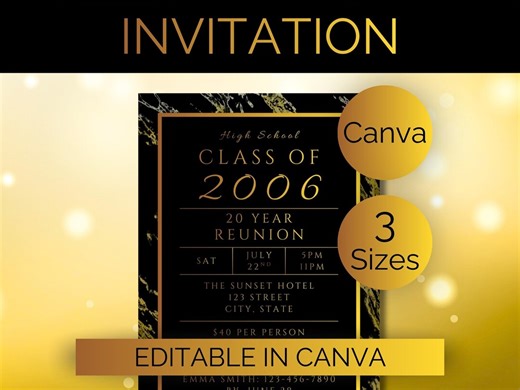EDITABLE High School Reunion Invitation Template College Reunion Invitation Printable Art Deco Invitation Black and Gold High School Invite - Etsy