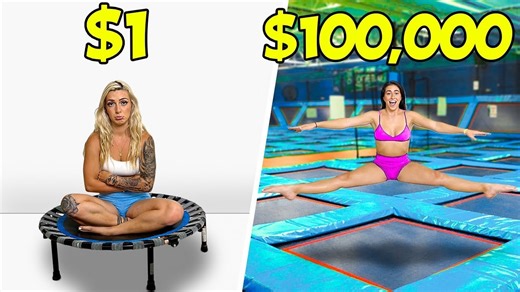 Watch athletes compare one dollar and one hundred thousand dollar trampoline parks