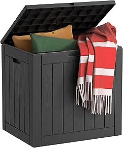EasyUp 32 Gallon Resin Deck Box Waterproof, UV Resistant Outdoor Storage Box for Delivery, Porch, Patio and Garden, Stripe Black