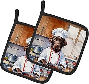 Caroline's Treasures Chocolate Labrador Retriever The Chef Pair of Pot Holders Kitchen Heat Resistant Pot Holders Sets Oven Hot Pads for Cooking Baking BBQ, 7 1/2 x 7 1/2