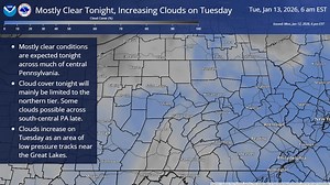🌘 Mostly clear skies throughout much of central Pennsylvania tonight, with lingering clouds expected to be limited to the northern tier. Some clouds are possible late across south-central Pennsylvania. ☁️ Increasing clouds on Tuesday ahead of the next approaching system. #PAwx | US National Weather Service State College PA
