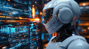 Download A robot standing in front of a computer screen for free