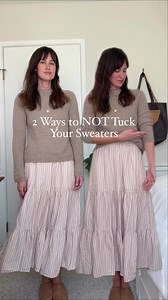Not a fan of tucking bulky sweaters? Try these 2 hacks instead: ✅ On a cardigan, unbutton from the waistband down. This creates a v shape to break up a frumpy line across the hips. ✅ With pullover sweaters, use fashion tape to fold the front of the sweater under and stick it to itself creating a faux crop. (Just saw this hack from @aliciabstaples and ran to my closet to try it!🏃🏽‍♀️) ✅ Whenever the temps permit, do push up your sweater sleeves to the elbow to highlight this point of femininity