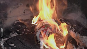 Stuffed toy in the form of snowman burns and turns into ashes in the fire, lying on blazing wood, close up. Plaything got into fireplace by accident or someone threw it there to destroy it.