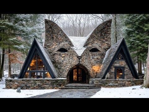 A Stone House Shaped Like a Fox in a Silent Snowy Forest