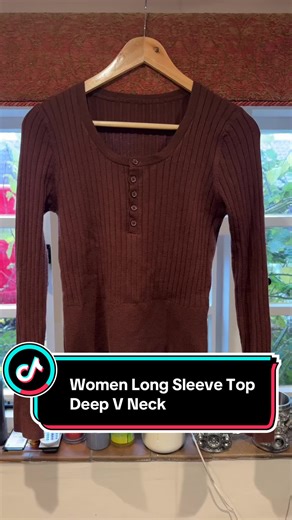 Women Long Sleeve Top Deep V Neck Ribbed Knit Slim Fit Stretch Fabric Bodycon Button Front Sexy Low Neckline Basic Versatile Soft Breathable Curve Hugging Elastic Cuff Collarbone Highlight Fall Winter Essential Casual Commuter Layering Street Style Outfit #fashiontiktok #clothes #top #TikTokMadeMeBuyIt #giftideas