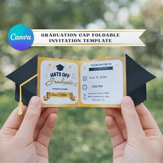 Graduation Cap Foldable Invitation Template | Editable Canva Party Invite (Digital Download)