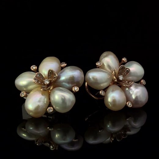 18K Rose Gold 3/8 Cttw Diamond and Freshwater Pearl Blossom Stud Earrings